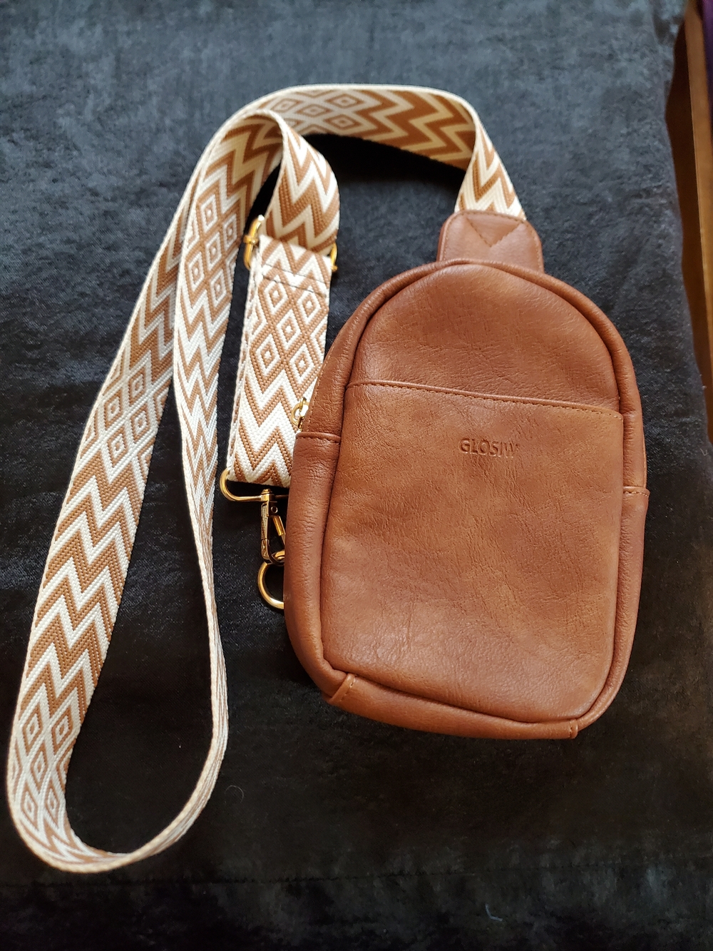 Tan Faux Leather Belt Bag with Patterned Strap